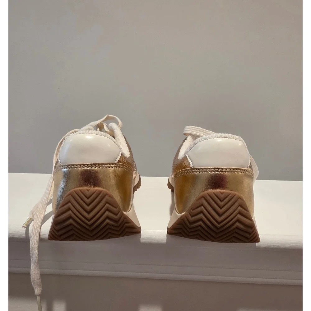 Women's sz 6 M Michael Kors Gold Metallic Croc Embossed Low Top Sneakers Lace Up